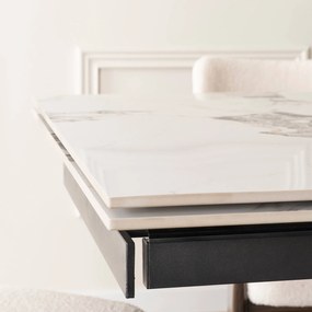 Zestaw Stół Rozkładany Ceramiczny REX 2 180-240 cm Biały Marmur/Orzech i 4 Krzesła Tapicerowane GRENADA Kremowe Nowoczesne