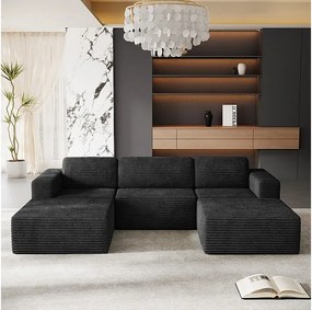 Modułowa Sofa Narożna 3-osobowa w Welurze Żebrowanym, z 2 pufami i 3 poduszkami, 303x202x82cm, Czarny