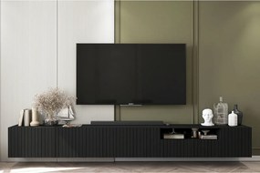 Szafka RTV z 7 drzwiami i wnęką – korpus czarny mat, fronty ryflowane czarne matowe – 300 cm