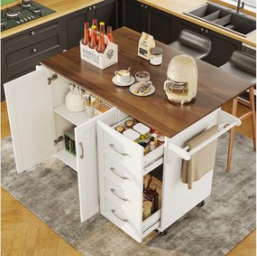 Wyspa kuchenna - wózek na kółkach z rozsuwanym blatem - 2 szuflady i 2 drzwi - Biały