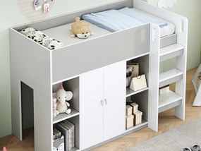 Łóżko dziecięce 90x200 cm - z szafą + półkami - z drabiną - szare (bez materaca)