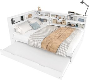 Sofa dziecięca rozkładana - 140 x 200 cm + 90 x 190 cm - łóżko wysuwane - zagłówek ze schowkiem - drewno + MDF - biała