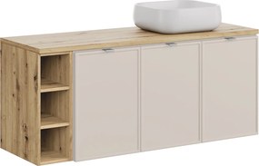 Trzydrzwiowa szafka łazienkowa Bella 140 cm z regałem i umywalką, kaszmir/dąb artisan