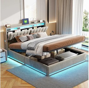 Nowoczesne Szare Łóżko z Pojemnikiem 140x200 z Podnoszonym Materacem, LED RGB, Portami USB - Idealne do Małych Przestrzeni