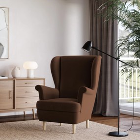Stylowy fotel LENTIO, tapicerowany brązową tkaniną, ekskluzywny model do salonu