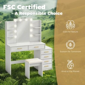 HOMCOM Toaletka z podświetlanym lustrem i tapicerowanym stołkiem, zestaw do makijażu z 6 szufladami i półkami, Biały | Aosom PL