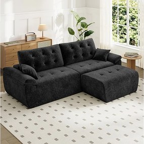 Modułowa narożna kanapa w tkaninie Chenille, 3/4 osobowa, z pufem i 2 poduszkami, 275x174x90cm, Czarny