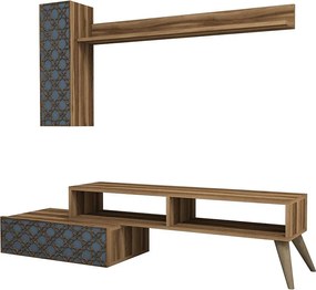 Nowoczesna szafka RTV z półką ścienną i szafką – 150 cm – orzech i chalcedon – melamina