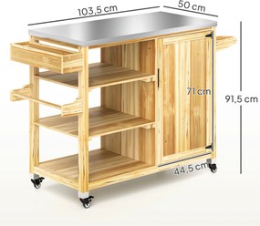 Outsunny Wyspa kuchenna na zewnątrz, Wózek grillowy ze szafką i półkami, Kuchenny wózek z drewna i stali nierdzewnej, na kółkach, Drewno naturalne