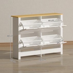 HOMCOM Wąska szafka na buty z 4 uchylnymi przegrodami, na 8–16 par butów, 105 x 26 x 80 cm, biały + naturalny | Aosom PL
