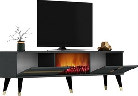 Szafka RTV z kominkiem elektrycznym – 150 cm x 50 cm x 29,6 cm – antracyt i złoto – płyta wiórowa pokryta melaminą