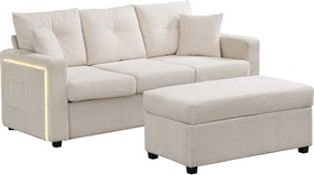Sofa 3-osobowa, Narożnik z oświetleniem LED i podnóżkiem - beżowy sztruks