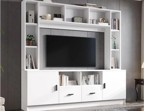 Zestaw mebli pod TV 180x35x170 cm - Meble pod TV + półki - 2 fronty i 2 szuflady - 11 przegródek do przechowywania - Biały