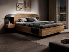 Łóżko ze skrzynią i szafkami nocnymi 160 x 200 cm - Z oświetleniem LED - Naturalny i czarny + Materac - JUVISIA