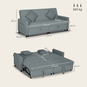 HOMCOM Sofa rozkładana, regulowana 3-osobowa kanapa z funkcją spania, wysuwane łóżko, poduszki, szara