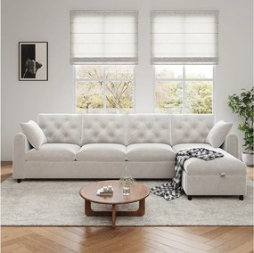 Nowoczesny narożnik 4-osobowy z pojemnikiem na pościel - podłokietniki boczne z kieszeniami 281 x 132 x 86 cm - aksamit - beżowy