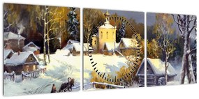 Obraz - Zimowe miasteczko (z zegarem) (90x30 cm)