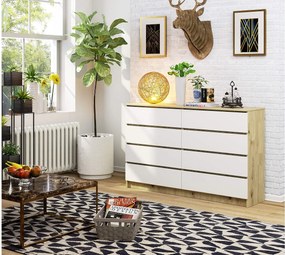 Komoda AKORD K160 Dąb Artisan 160 cm 8 szuflad kolor Biały mat 160x40x99 cm