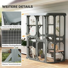 PawHut Wybieg dla kota na zewnątrz z wejściem drewniany domek dla kota z 4 platformami wodoodporny dach Oxford 2-3 koty do 8 kg | Aosom PL
