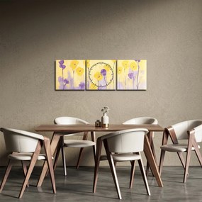 Obraz - Fioletowe i żółte kwiatuszki (z zegarem) (90x30 cm)