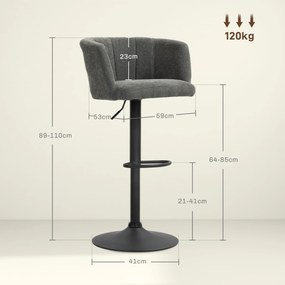 HOMCOM Zestaw 2 Barowych Krzeseł, Oparcie w Kształcie Muszli, Regulowana Wysokość, Podnóżek, dla Kuchni lub Jadalni, Metalowa Baza, Ciemnoszary