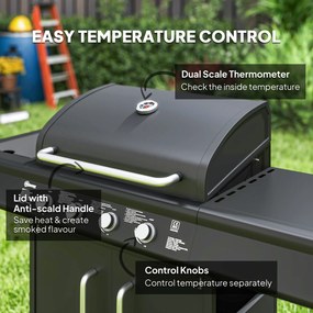 Outsunny Grill Gazowy 15,2 KW na Wózku z 5 Palnikami Nierdzewnymi Boczny Palnik 129,5 x 56 x 110 cm Czarny