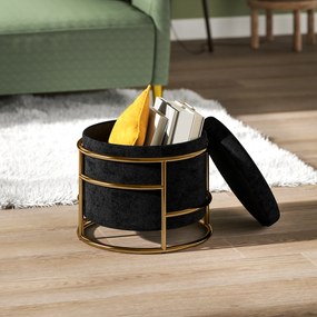 HOMCOM Pufa z przechowalnią, tapicerowany podnóżek, stalowa rama, złote akcenty, Czarny