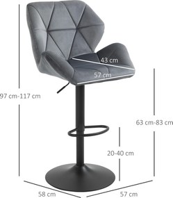 HOMCOM Zestaw 2 hokerów, tapicerowany stołek barowy z metalową ramą, z oparciem, welurowy wygląd, regulacja wysokości, obrót 360°