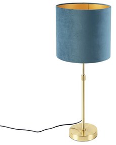 Lampa stołowa złota/mosiężna z niebieskim aksamitnym kloszem 25 cm - ParteWiejski/ Rustykalny / Vintage Oswietlenie wewnetrzne
