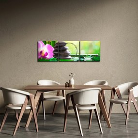 Obraz kamieni do masażu i storczyków na wodzie (z zegarem) (90x30 cm)