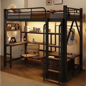 Łóżko piętrowe 90 x 200 cm z biurkiem, półkami, szafą i ścianką perforowaną – Metal i MDF – LED + USB – Czarne (Materac nie jest wliczony w cenę)