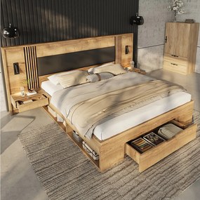 Łóżko podwójne z pojemnikiem - 160 x 200 cm - z lampką do czytania + 2 szafki nocne + szuflady - drewno - naturalne