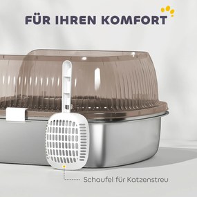 PawHut Kuweta ze stali nierdzewnej, toaleta dla kota z wysokim brzegiem, wanienka, w zestawie łopatka, dla dużych kotów, 53x42x27cm, antracytowy | Aosom PL