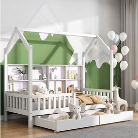 Łóżko piętrowe 90x200 cm - łóżko dziecięce z 2 szufladami i schowkiem - białe - bez materaca