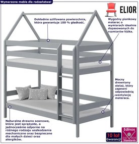 Szare łóżko dziecięce piętrowe w kształcie domku - Delisa 3X 200x90 cm