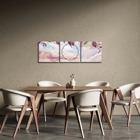 Obraz różowych kwiatów z różowym marmurem (z zegarem) (90x30 cm)