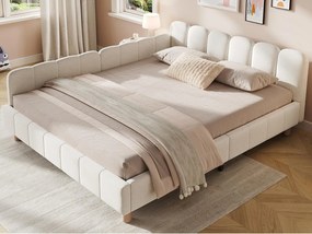 Tapicerowane łóżko dziecięce 140x190cm - z pikowanym wezgłowiem i barierkami bezpieczeństwa - nogi z litego drewna - z weluru - beżowy