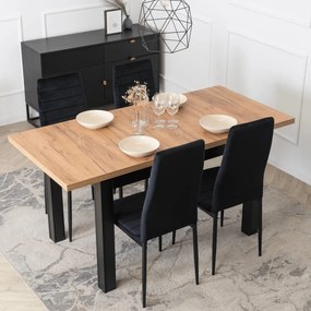 Zestaw Stół Rozkładany SKUBI 120-160 cm Dąb Craft/Czarny i 4 Krzesła NARIS Czarne Welurowe