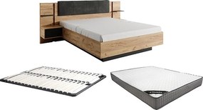 Łóżko z szafkami nocnymi 140 x 190 cm - Z oświetleniem LED - Kolor: Naturalny i antracyt + Stelaż + Materac - ELYNIA