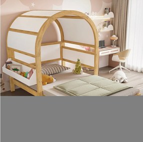 Łóżko dziecięce rozkładane z dachem łukowym - 140 x 200 cm - mała półka boczna - sosna i MDF - kolor biały i naturalny