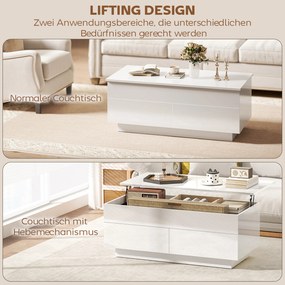HOMCOM Stolik kawowy regulowany, nowoczesny stolik do salonu z ukrytym schowkiem i 2 szufladami, biały wysoki połysk | Aosom PL