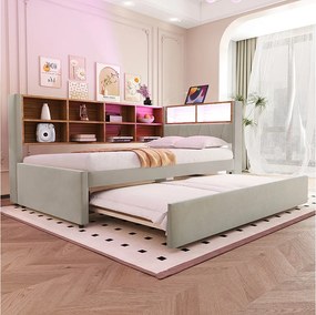 Sofa rozkładana tapicerowana - 90 x 200 cm + 90 x 190 cm - LED i gniazdka - ze schowkiem - Tkanina flanelowa - beżowa