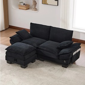 Dwuosobowy zestaw wypoczynkowy z tkaniny sztruksowej - 190 x 132 x 84 cm - z 1 pufem ze schowkiem + portem USB + kieszeniami - czarny