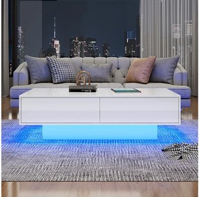 Biały stolik kawowy na wysoki połysk z 2 szufladami do przechowywania i oświetleniem LED – Do salonu
