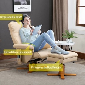 HOMCOM Fotel masujący z podnóżkiem nachylenie 145 stopni wygoda i relaks sztuczna skóra kremowy 80x86x99cm | Aosom PL