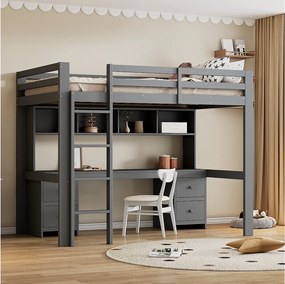 Łóżko piętrowe 90 x 200 cm z biurkiem, regałem, szufladami i drabinką, drewno MDF, kolor szary