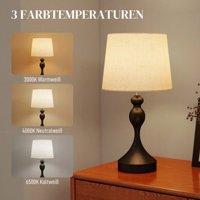 HOMCOM Lampa stołowa LED z 3 temperaturami barwowymi, lampka nocna z portami ładowania USB A+C, lniany abażur, czarna