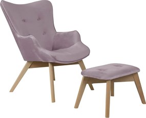 Lawendowy aksamitny fotel z podnóżkiem Niko – Ropez
