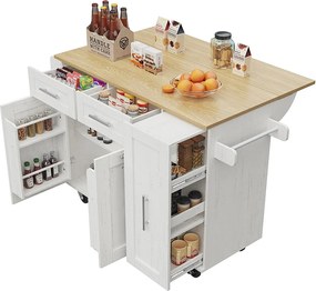 Mobilna wyspa kuchenna z 2 drzwiami, 3 szufladami i wieszakiem na ręczniki - Rozkładany blat - 134,5 x 46/74 x 90,5 cm - MDF - Biały