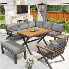 Salon ogrodowy, zestaw mebli na 6-7 osób - kanapa narożna - z żelaza ocynkowanego - stoły jadalniane z tworzywa drewnopodobnego - fotele - ławka, Szary